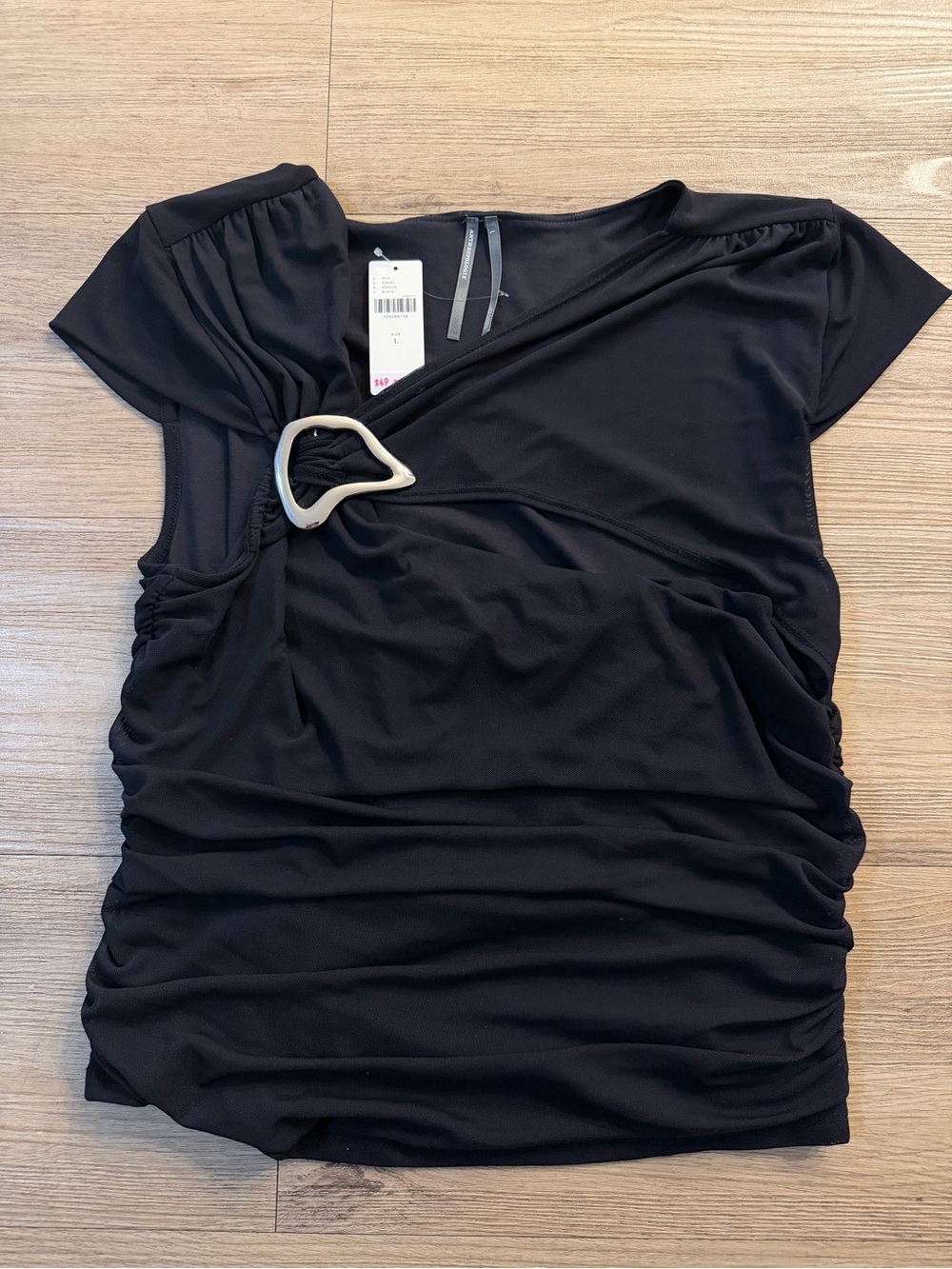 Anthropologie Black Ruched Short-Sleeve Top with Decorative Ring Size L NWT